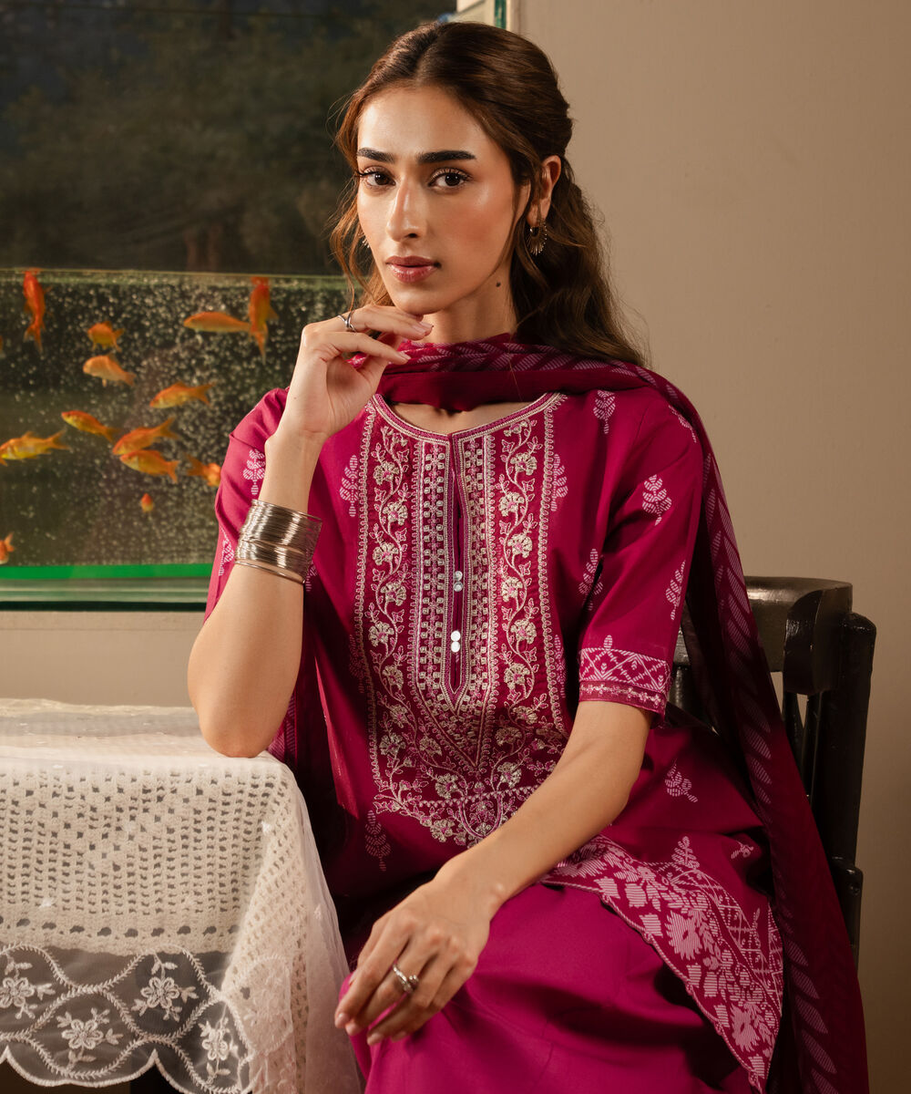 Women's Unstitched Cotton Embroidered Pink