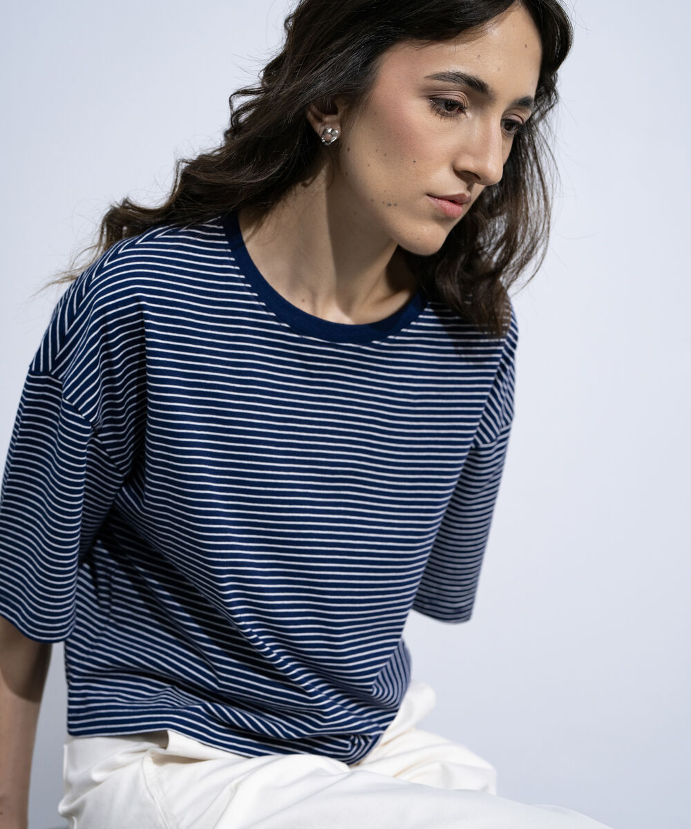 Women's Blue Yarn Dyed Short Body T-Shirt