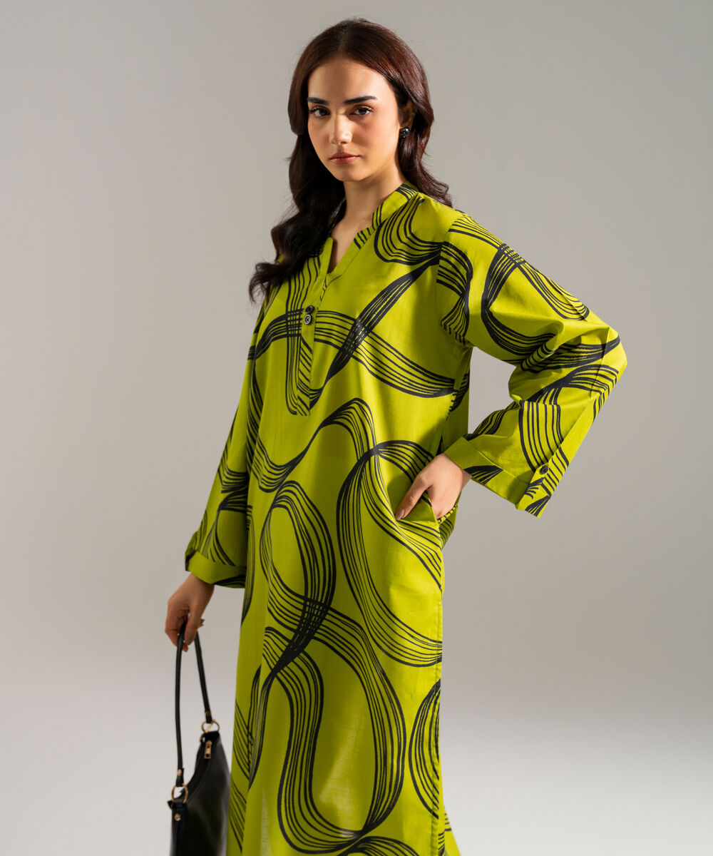 Women's RTW Slub Lawn Printed Green Straight Shirt
