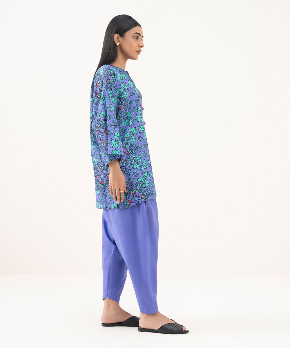 Women's RTW Light Khaddar Printed Purple Drop Shoulder Shirt