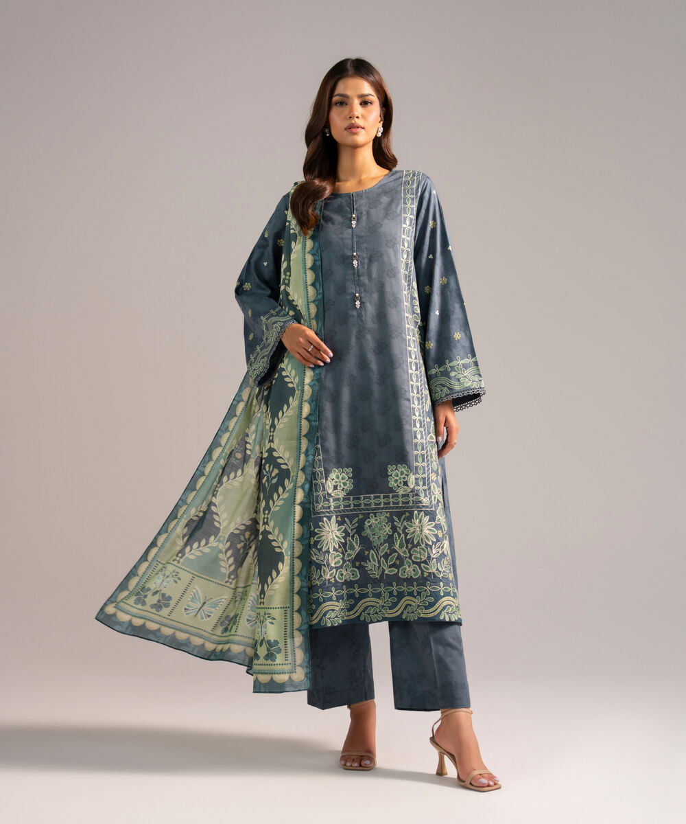 Women's RTW Self Jacquard Embroidered Steel Blue 3 Piece Suit