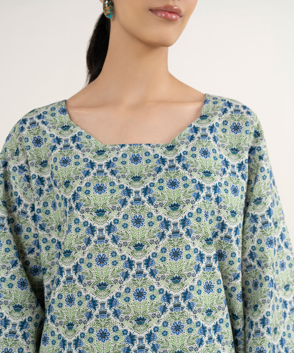 Women's Unstitched Printed Khaddar Off White & Blue 3 Piece Suit