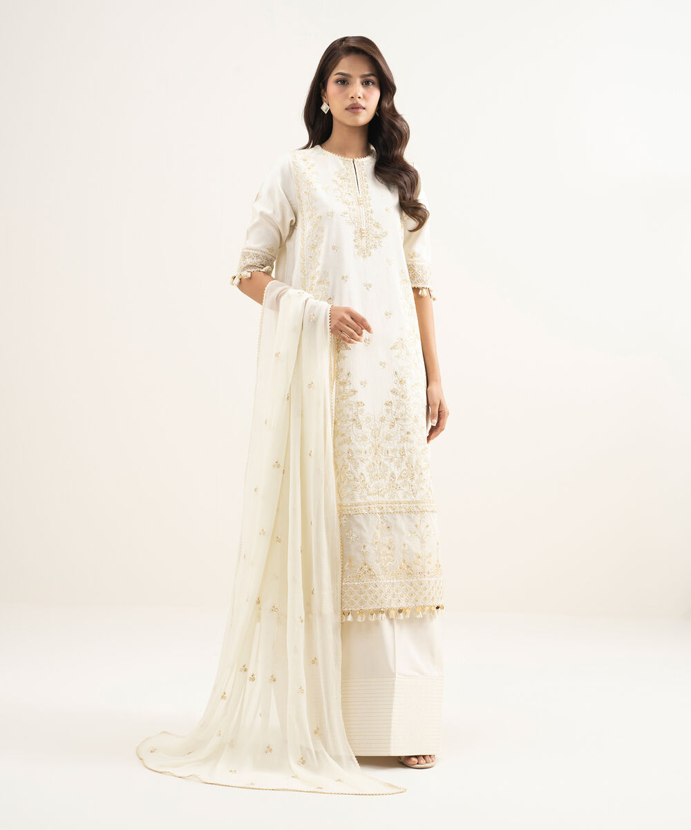 Women's Unstitched Raw Silk Embroidered Off White  3 Piece Suit