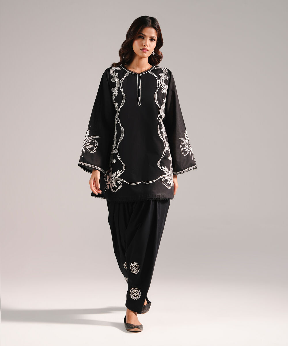 Women's RTW Slub Lawn Embroidered Black Straight Shirt