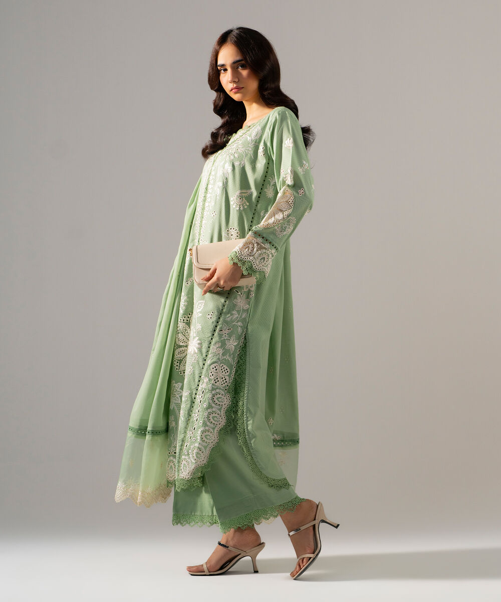 Women's RTW Dobby Solid Embroidered Green 3 Piece Suit