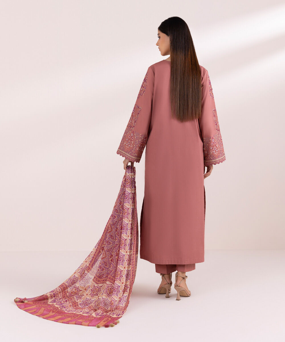 Women's Unstitched Raw Silk  Embroidered Dusty Pink 3 Piece Suit
