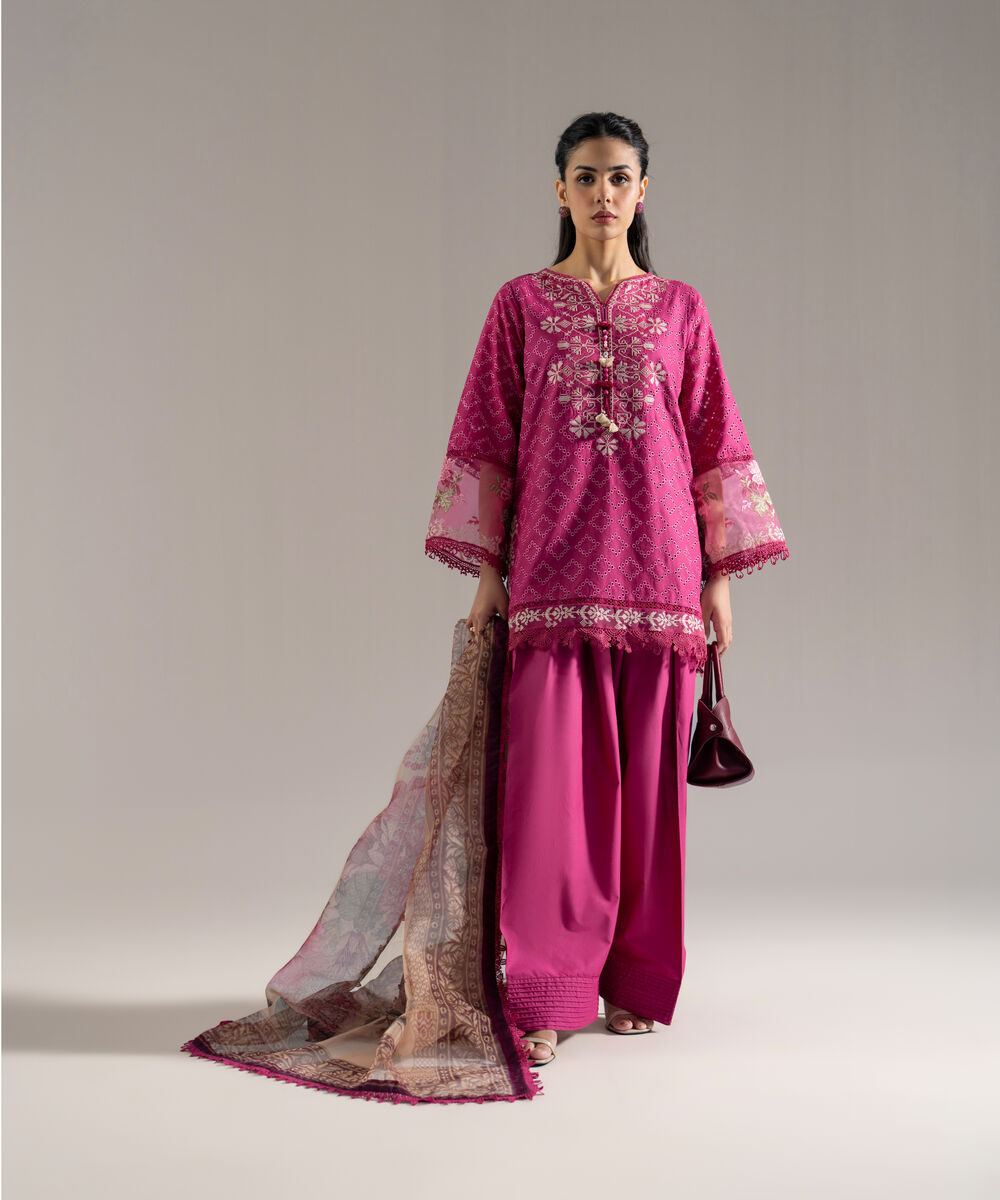 Women's RTW Dobby Solid Embroidered Pink 3 Piece Suit
