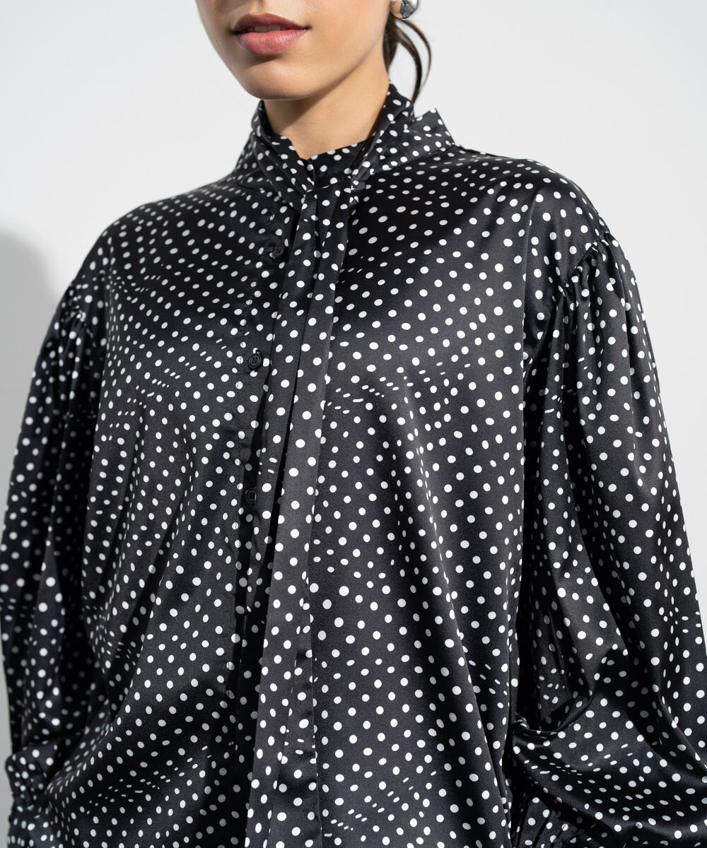 Women's Western Black And White Polka Dot Satin Blouse