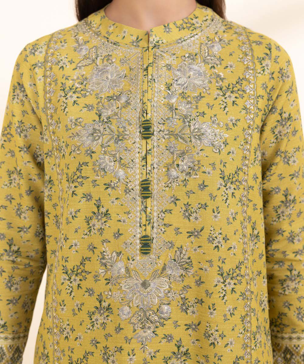 Women's Unstitched Khaddar Yellow Embroidered 3 Piece Suit