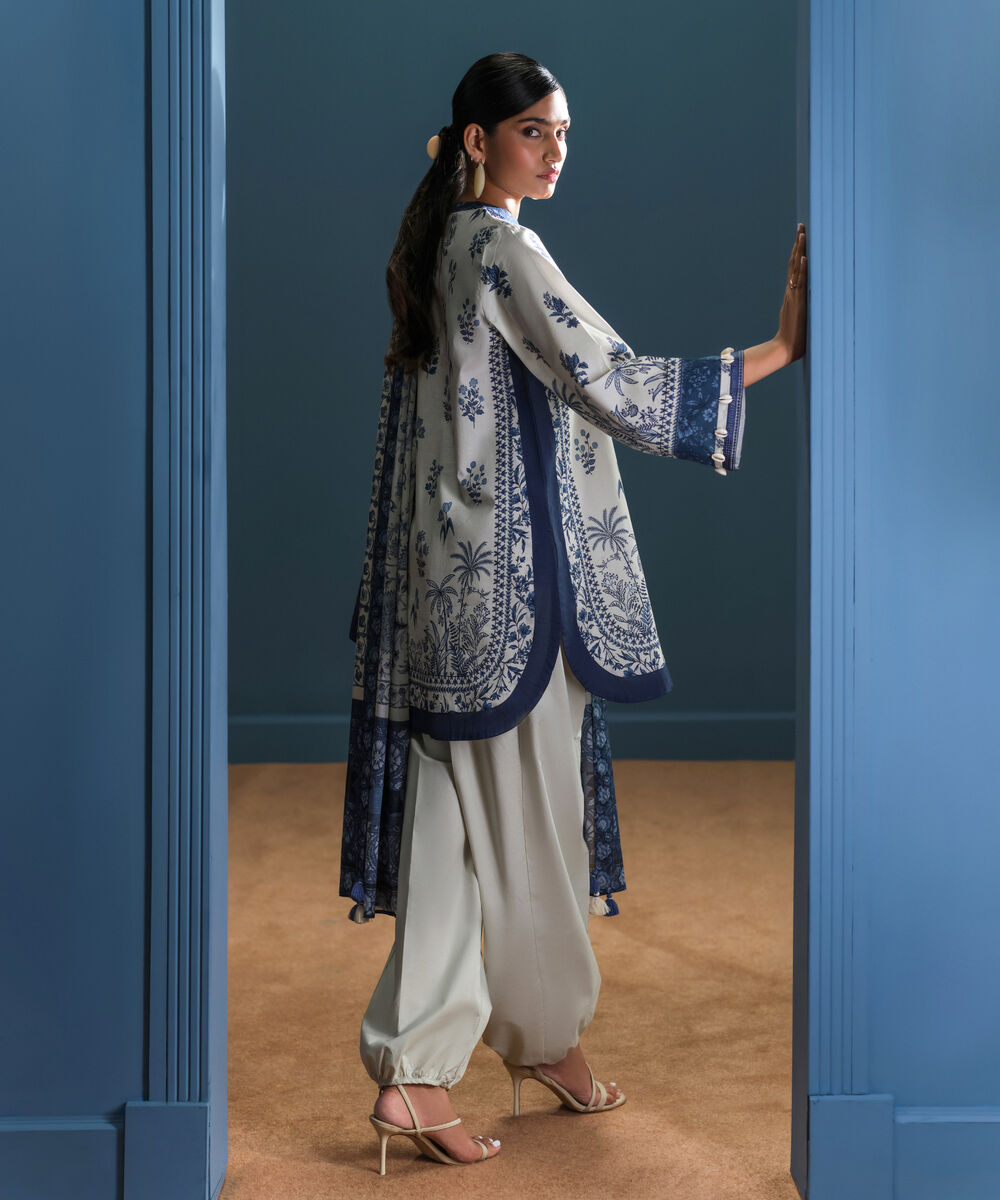Women's Unstitched Lawn Embroidered Off White and Blue 3 Piece Suit