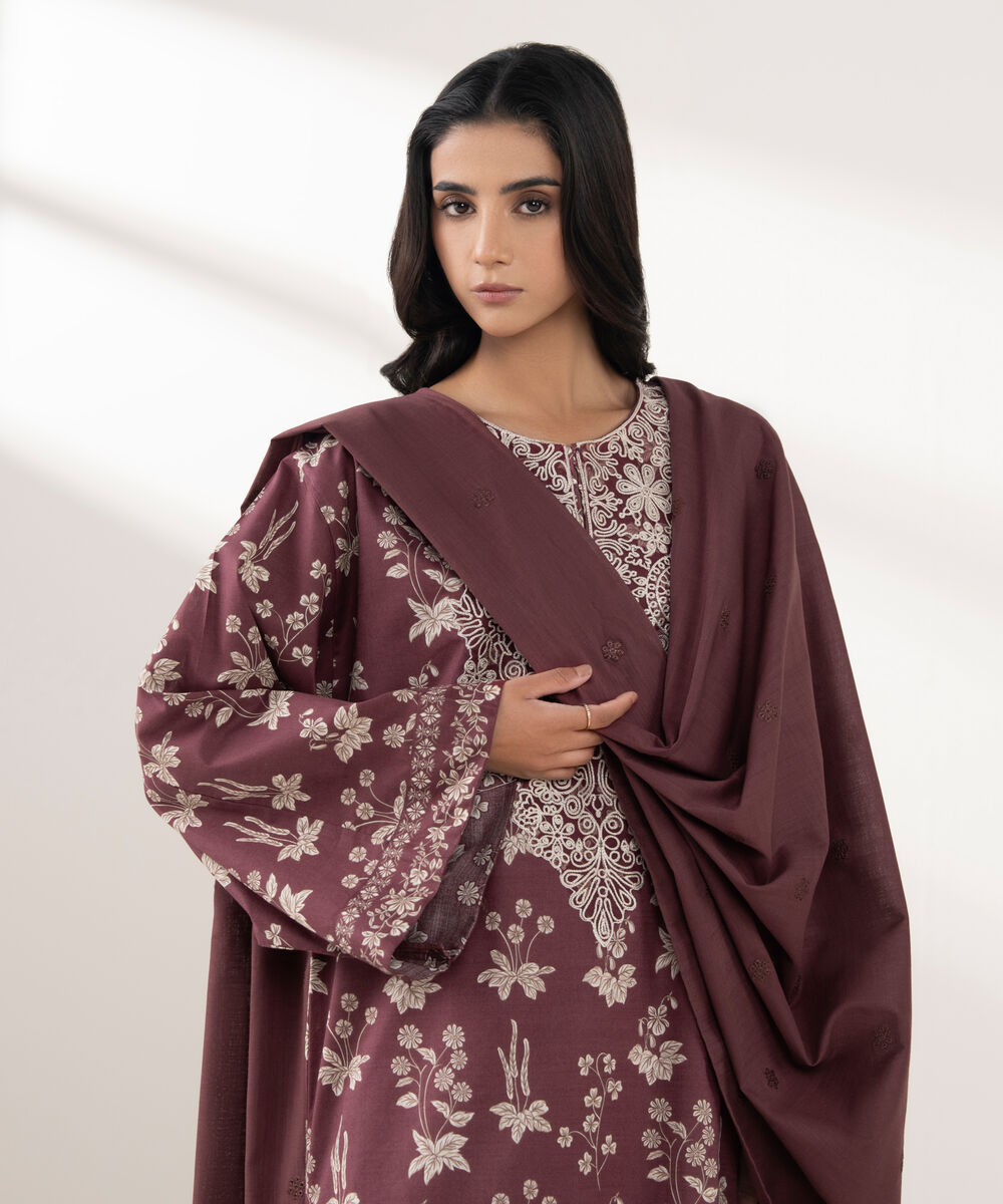 Women's RTW Cotton Embroidered Maroon 2 Piece Suit