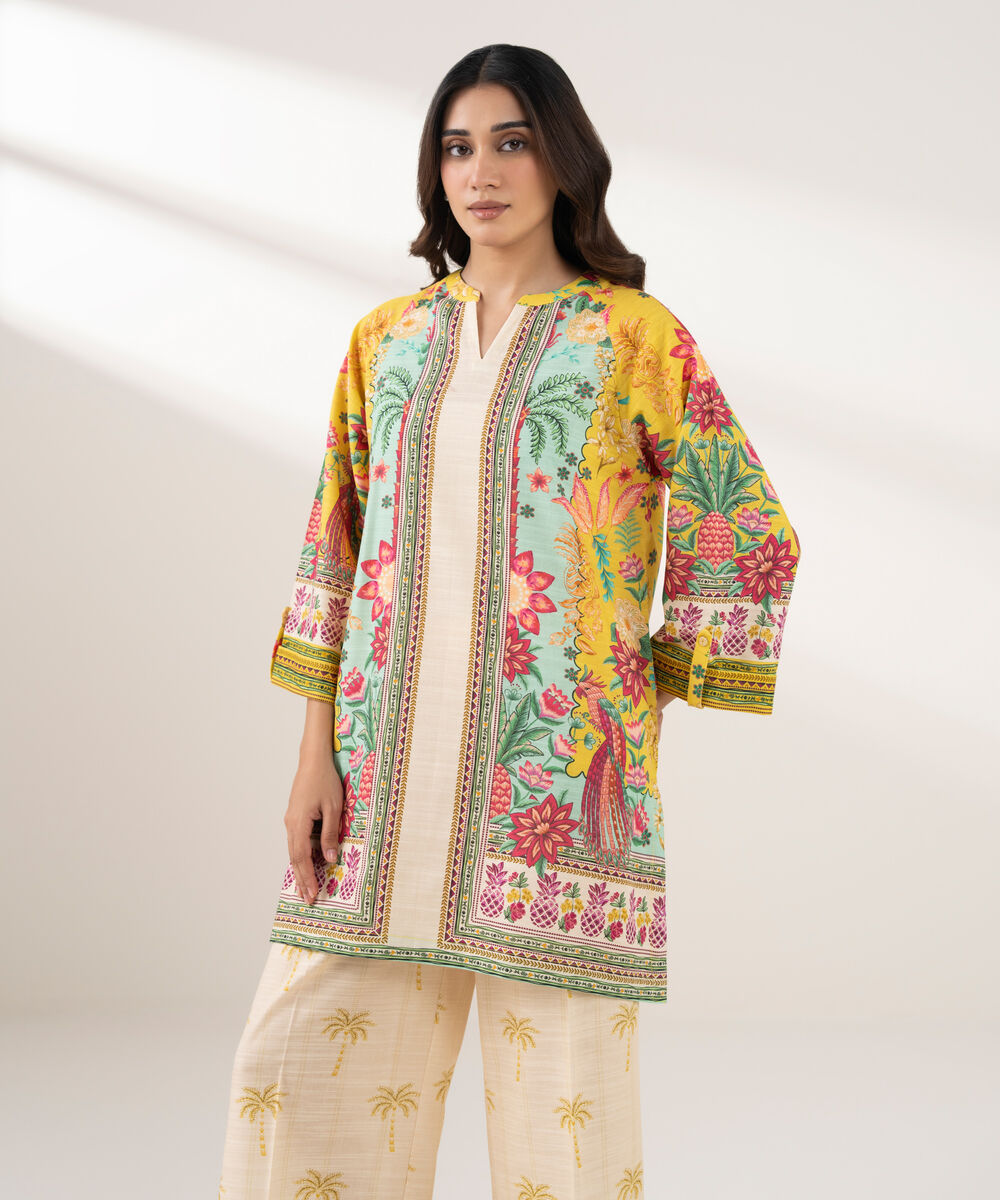 Women's RTW Light Khaddar Printed Straight Yellow Shirt