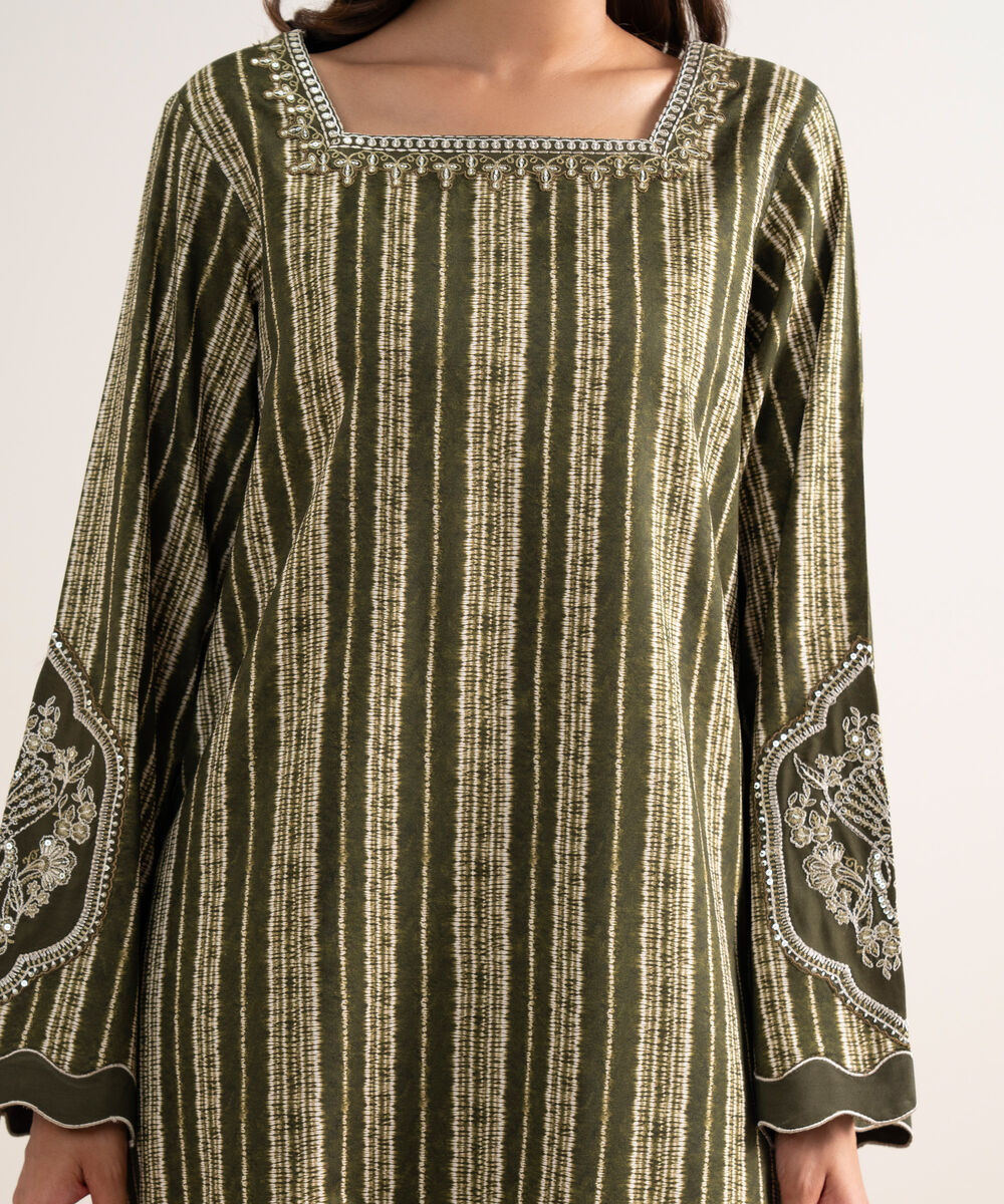 Women's Unstitched Printed Linen Olive Green 3 Piece Suit
