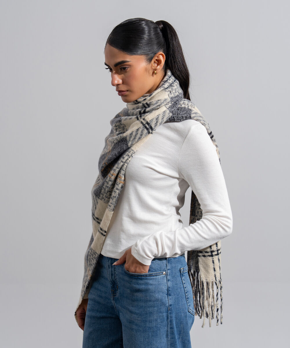 Women's Western Wear Black And White Polyester Checkered Woolen Scarf