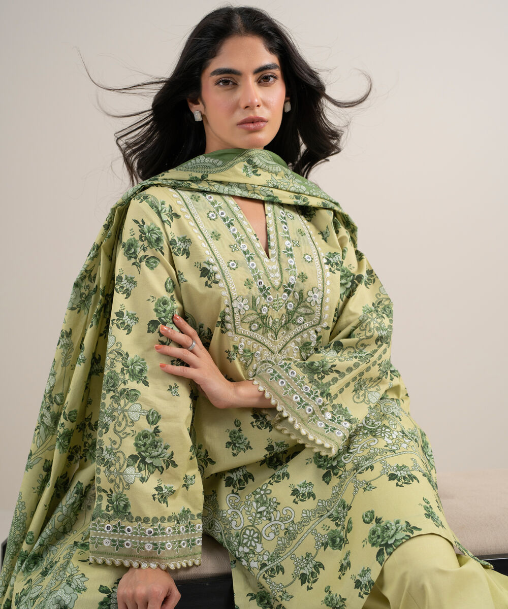Women's Unstitched Lawn Embroidered Light Yellow 3 Piece Suit