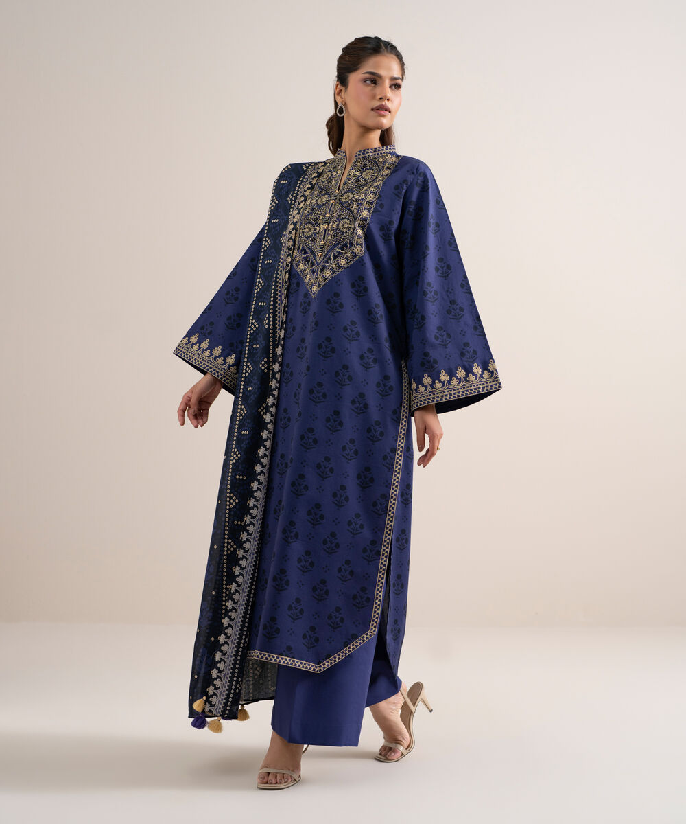 Women's Unstitched Lawn Embroidered Blue 3 Piece Suit