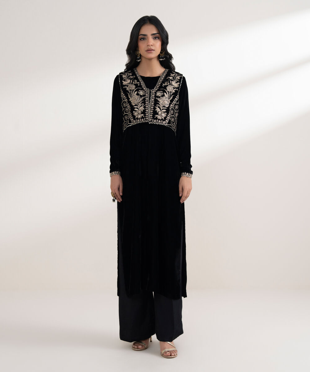 Women's RTW Velvet Embroidered Black Straight 2 Piece Suit