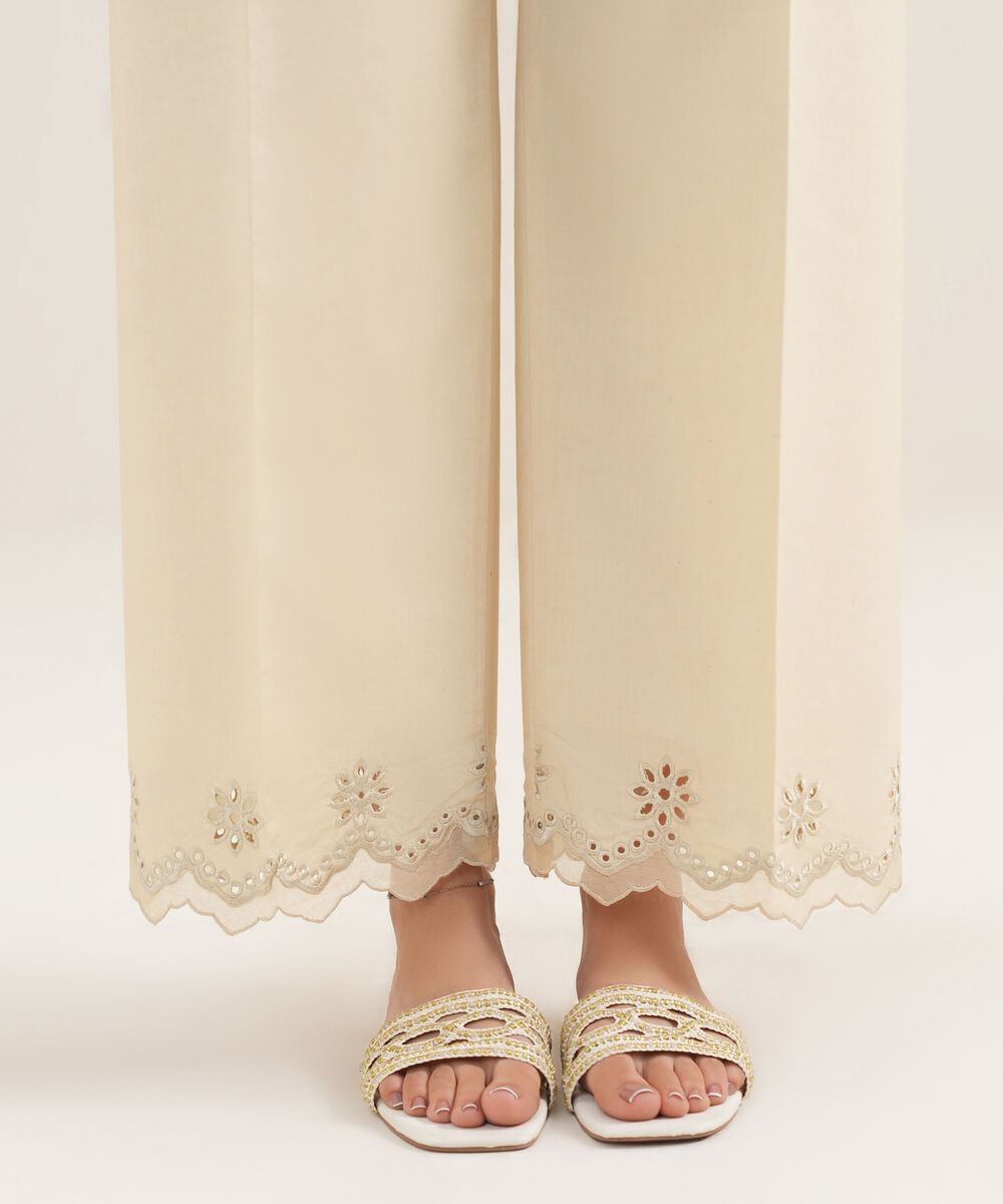 Women's Unstitched Cotton Printed Beige Trousers Fabric