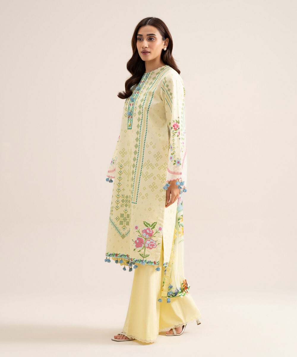 Women's Unstitched Zari Cotton Embroidered Butter Yellow  3 Piece Suit