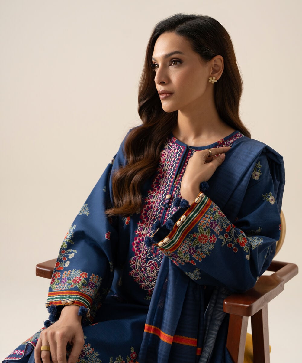 Women's Unstitched Light Khaddar Printed Blue 3 Piece Suit