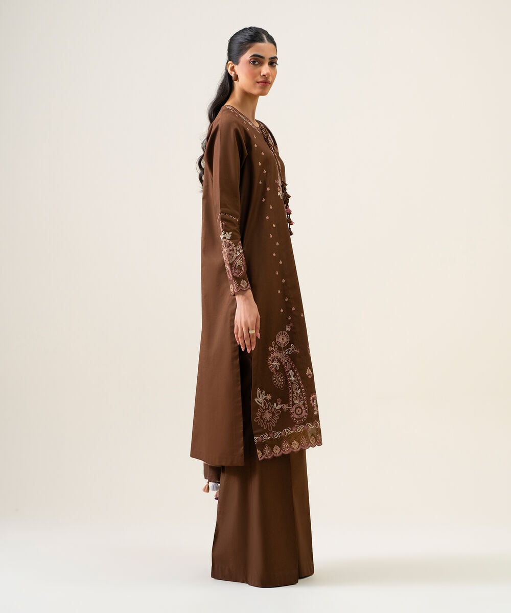 Women's Unstitched Cotton Twill Embroidered Brown 3 Piece Suit