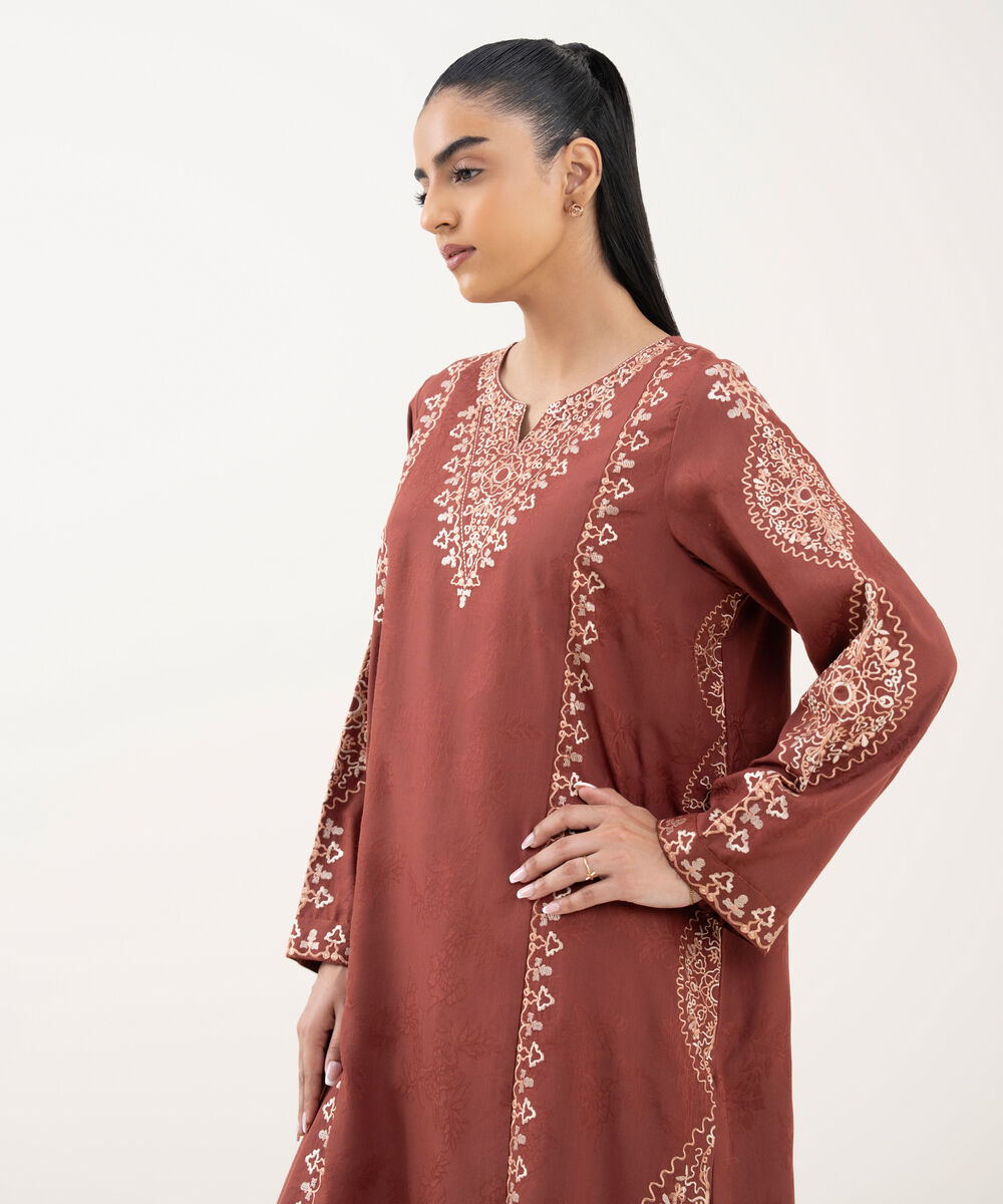 Women's RTW Cotton Jacquard Embroidered Red A-Line Shirt