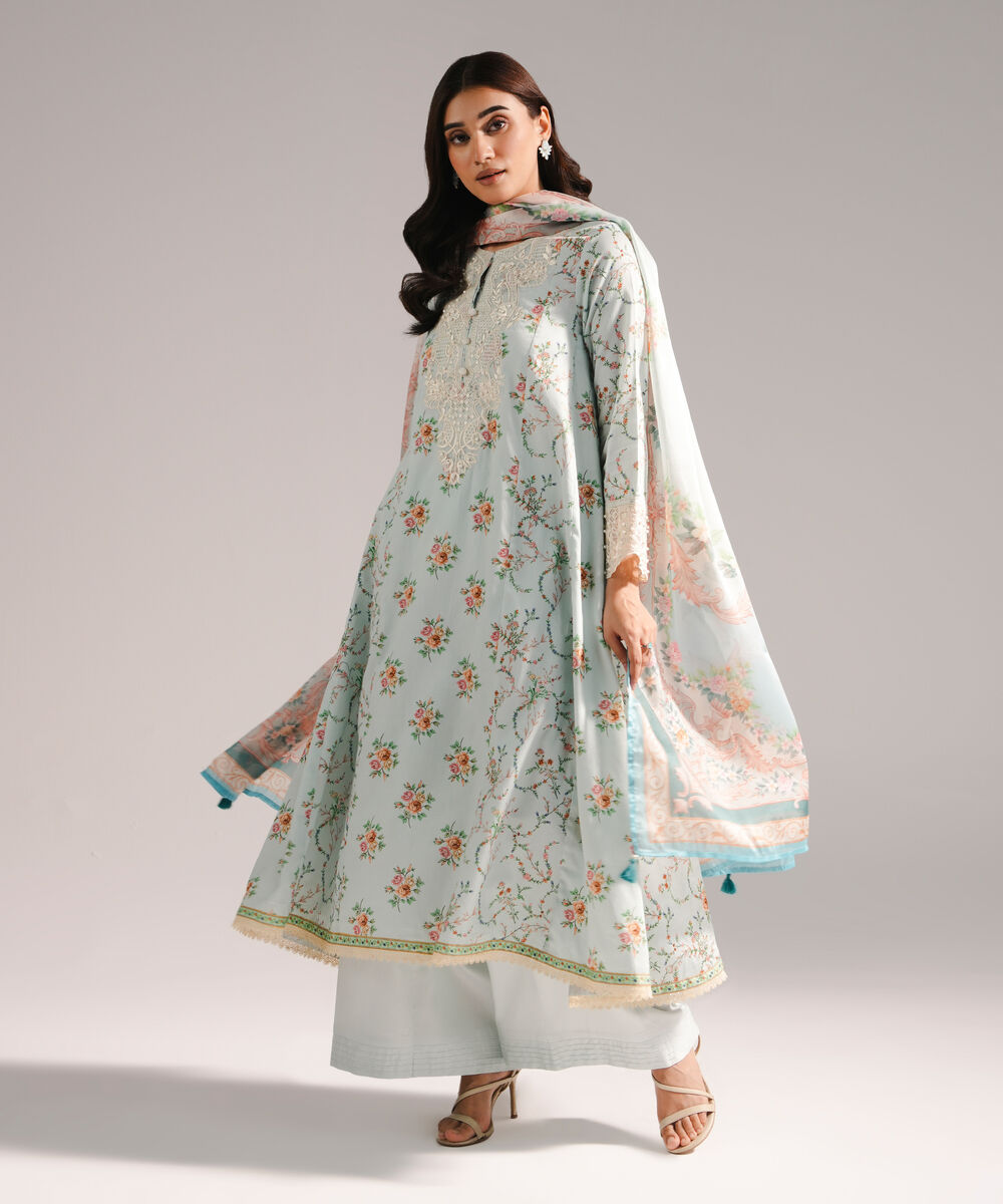 Women's RTW Cotton Satin Embroidered Light Blue 3 Piece Suit