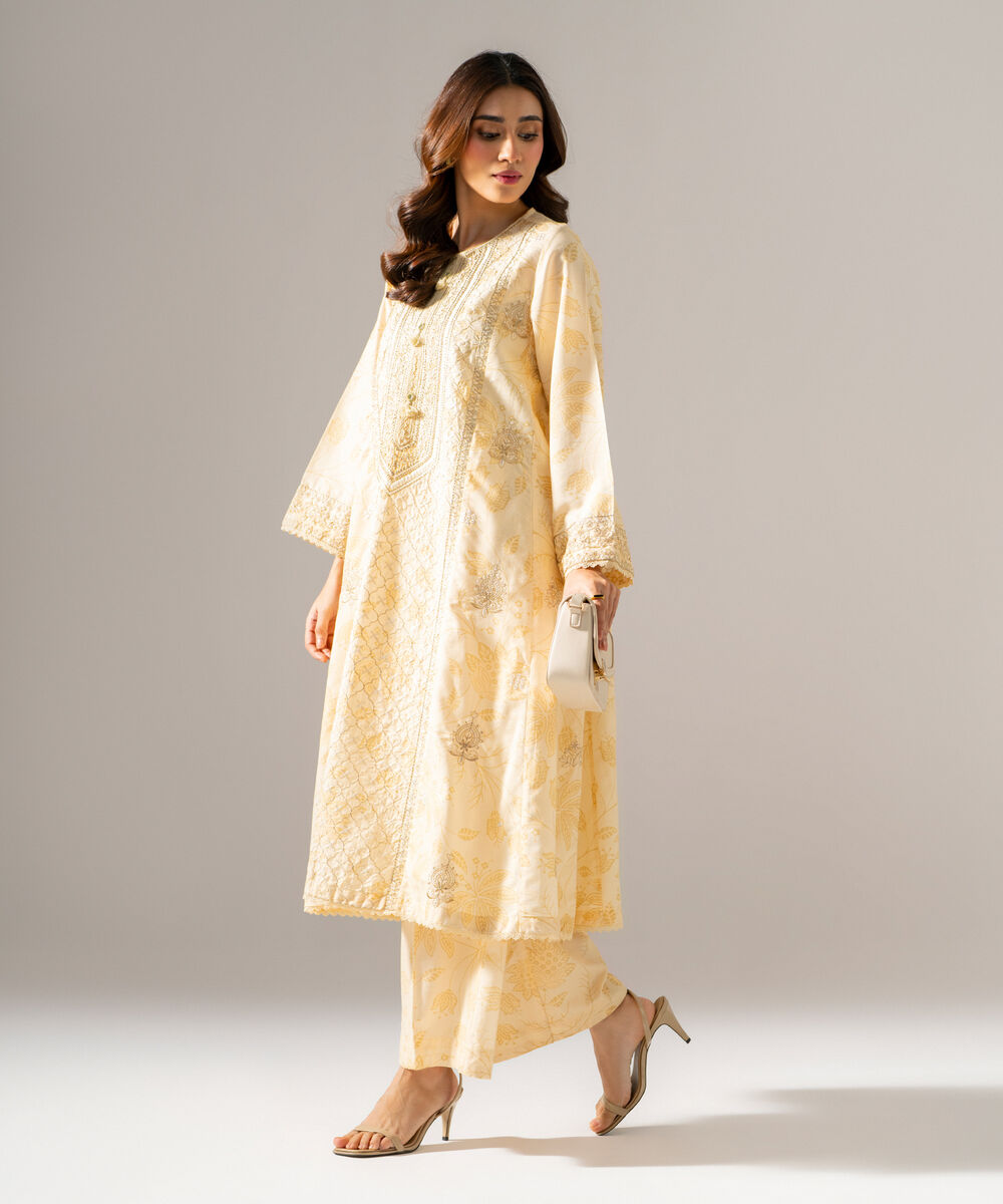 Women's RTW Fancy Cotton Printed Embroidered Pale Yellow 2 Piece Suit