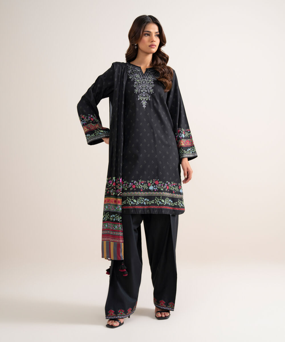 Women's Unstitched Embroidered Linen Black 3 Piece Suit