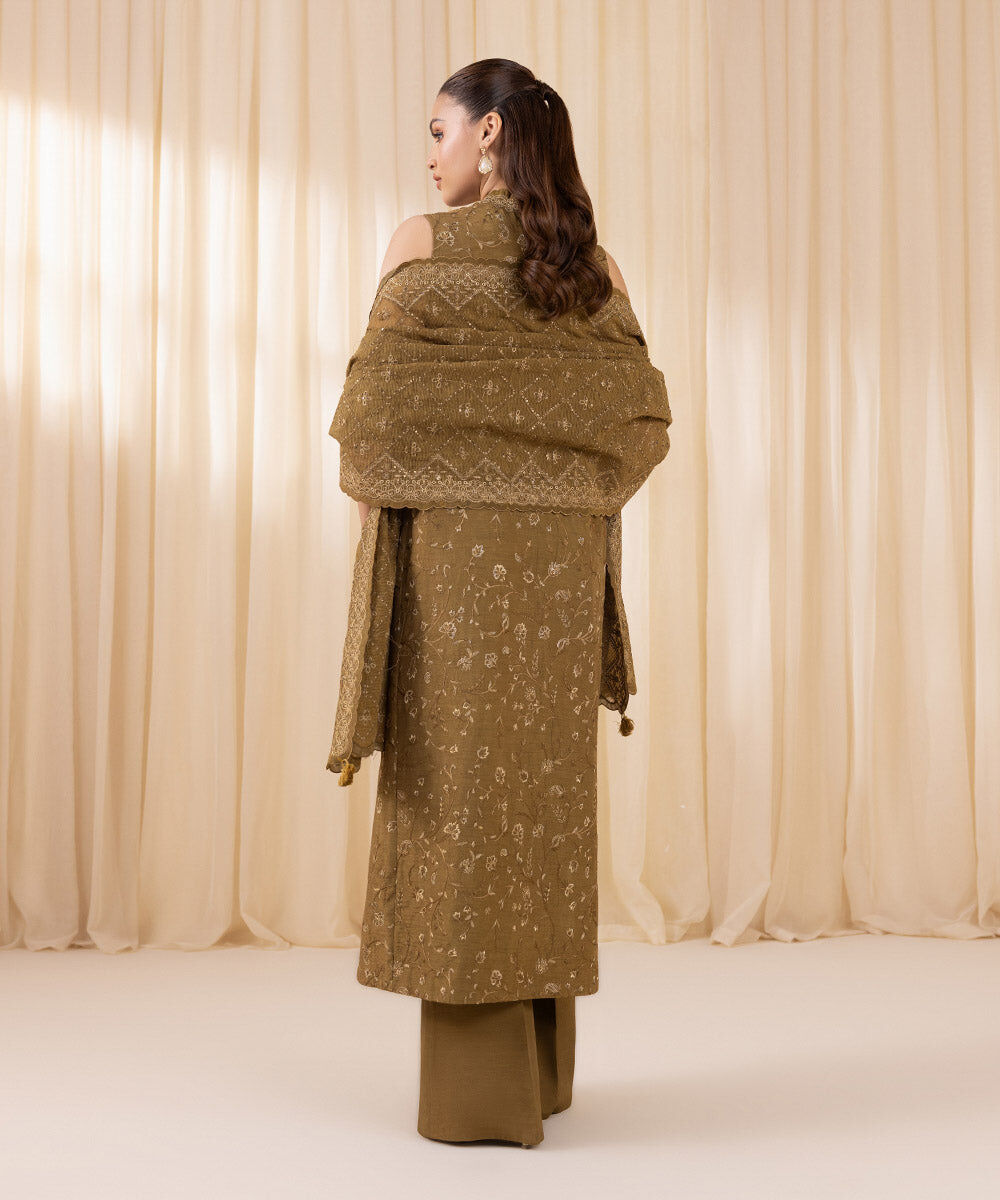 Women's Unstitched Olive Raw Silk Three Piece Suit