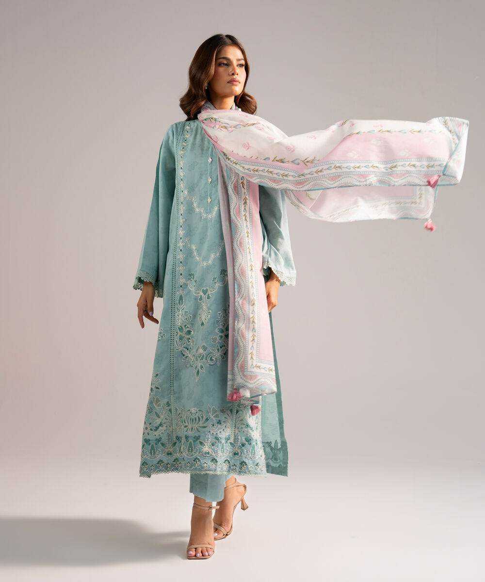 Women's RTW Self Jacquard Embroidered Blue 3 Piece Suit