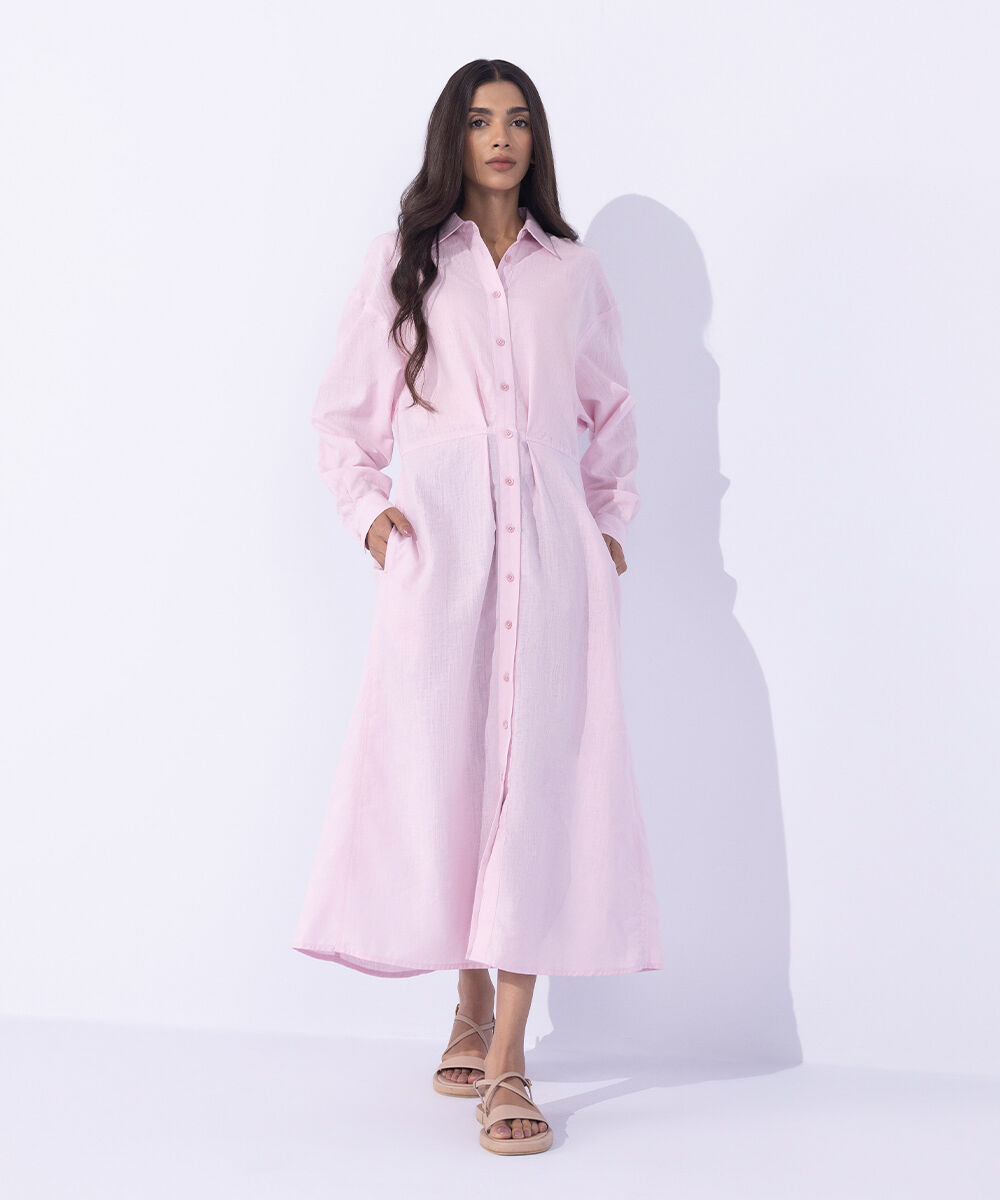 Women's Western Wear Pink Button- Through Linen Blend Dress