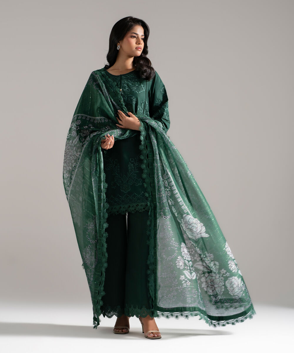 Women's RTW Lawn Embroidered Green 3 Piece Suit