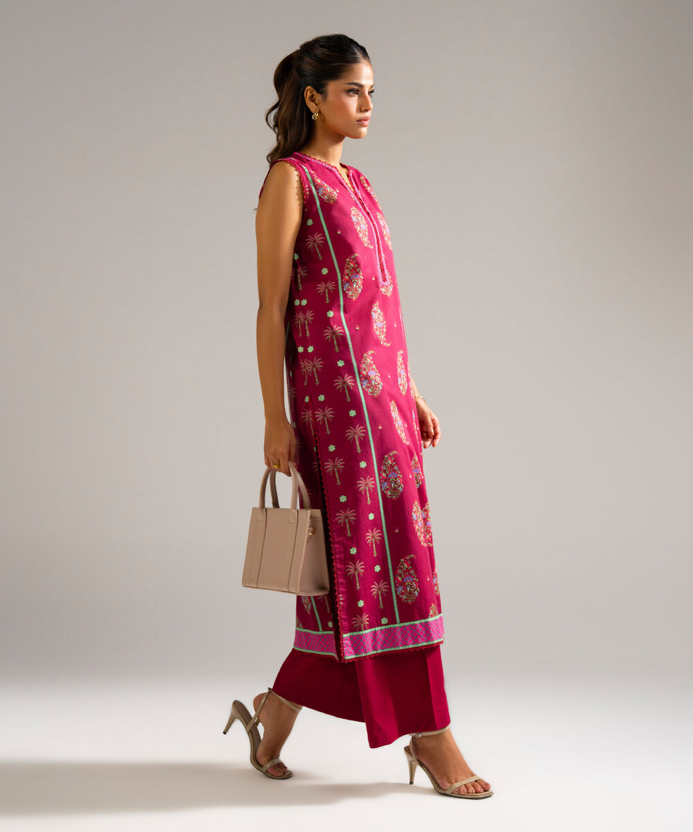 Women's RTW Slub Lawn Printed Pink Straight Shirt