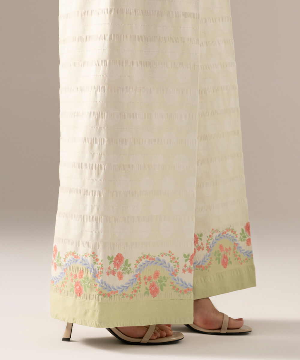 Women's RTW Seersucker Printed Off White Flared Pants