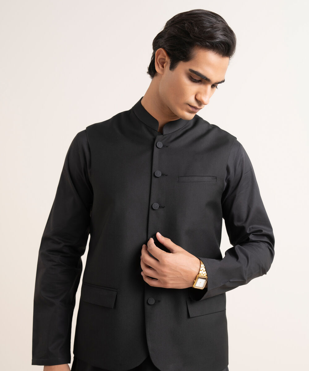 Men's Stitched Textured Wash & Wear Black Waistcoat