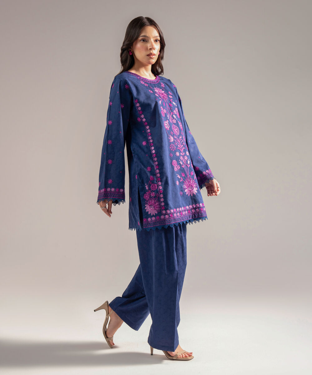 Women's RTW Self Jacquard Embroidered Dark Blue 2 Piece Suit