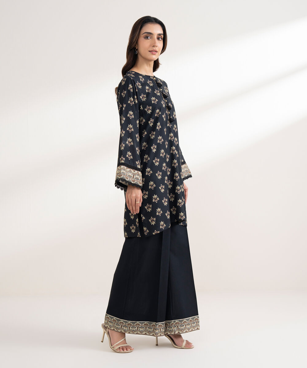 Women's RTW Viscose Linen Printed Boxy Black Shirt