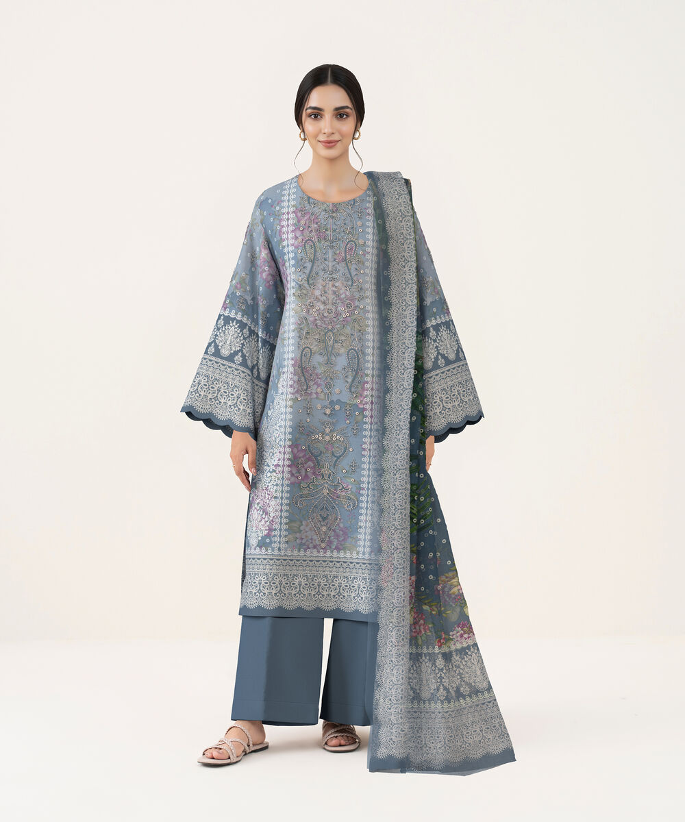 Women's Unstitched Lawn Blue Embroidered 3 Piece Suit