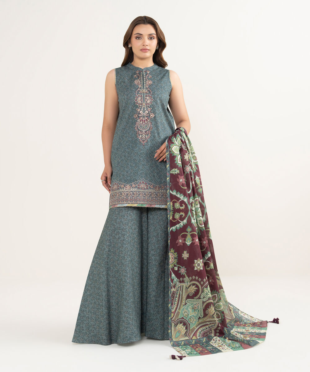 Women's Unstitched Lawn Embroidered Grey 3 Piece Suit