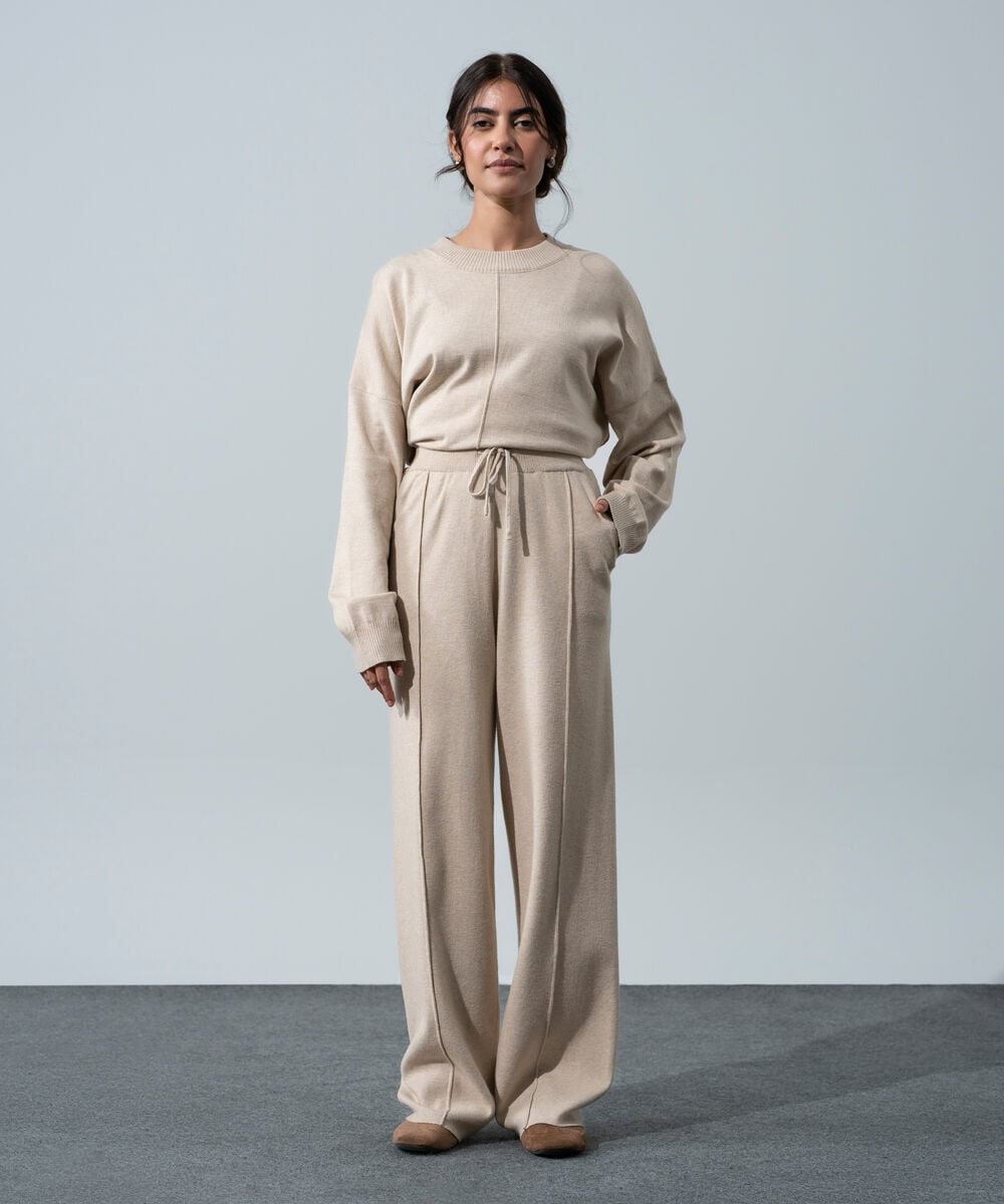 Women's Western Wear Melange Effect Off White Pull-On Knit Trousers