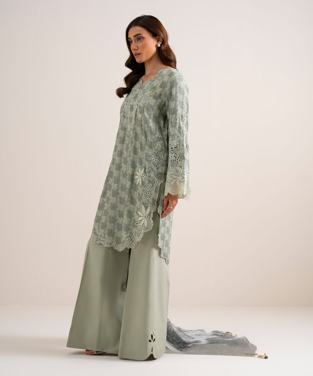 Women's Unstitched Embroidered Linen Jacquard Light Green 3 Piece Suit