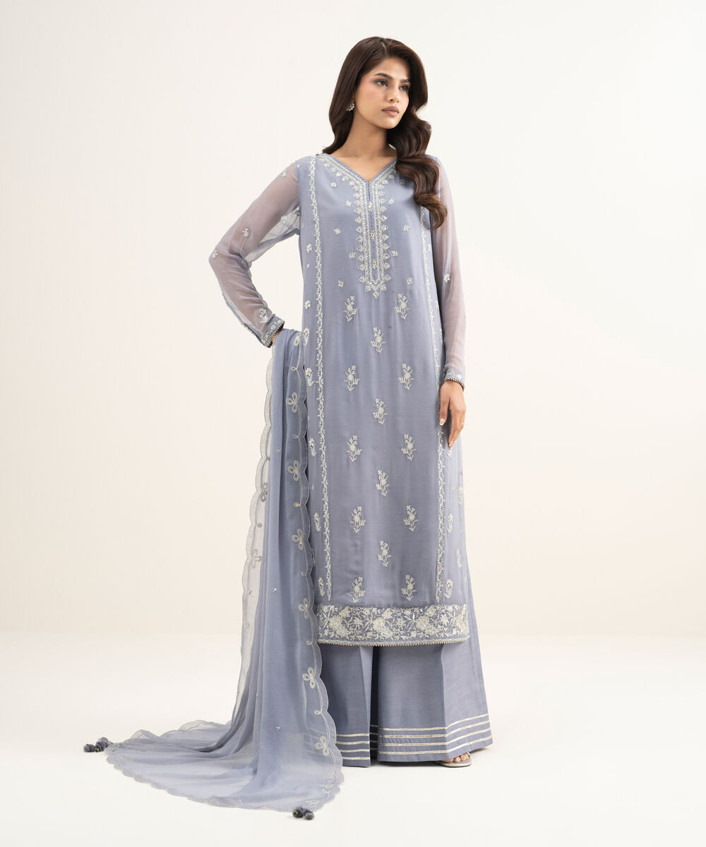 Women's Unstitched Blended Chiffon Embroidered Purple 3 Piece Suit