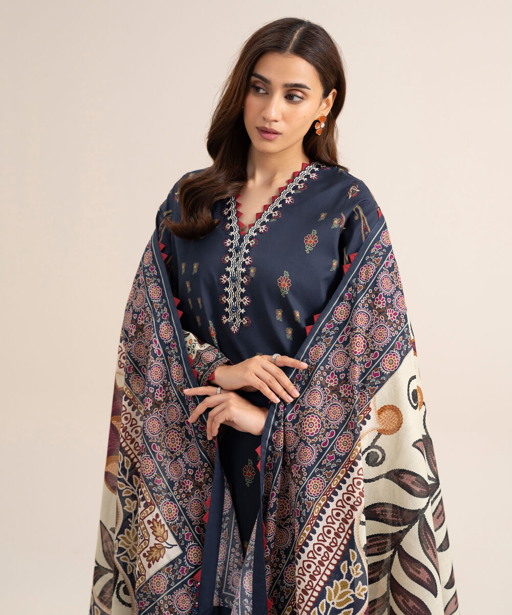 Women's Unstitched Lawn Embroidered Navy Blue  3 Piece Suit