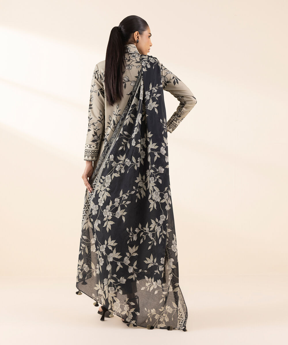 Women's Unstitched Lawn Printed Beige 3 Piece Suit