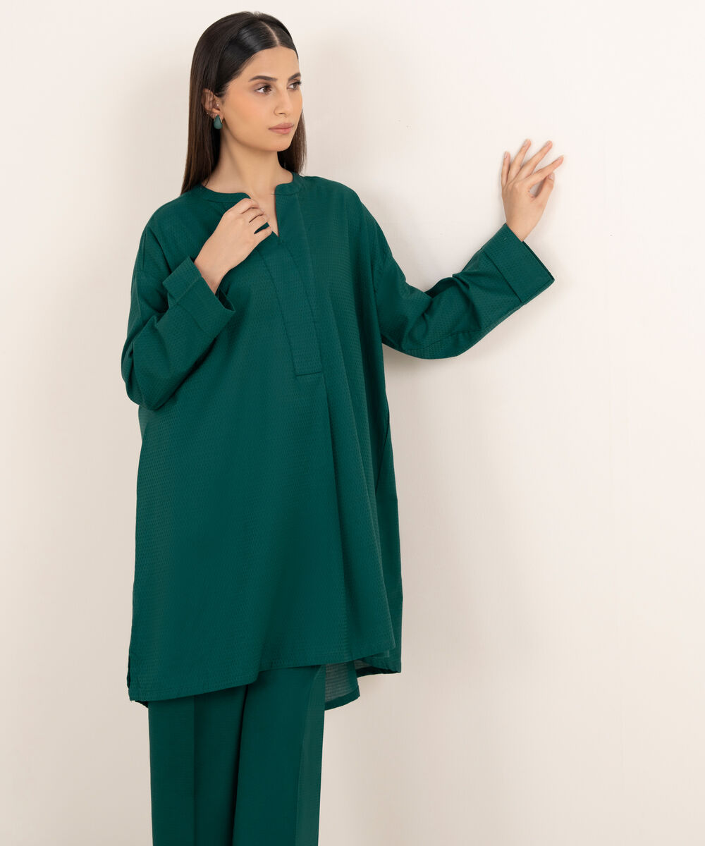 Women's RTW Textured Lawn Green Solid Boxy Shirt