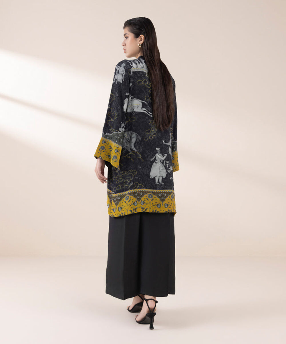 Women's Pret Black 2 Piece Printed Raw Silk Suit