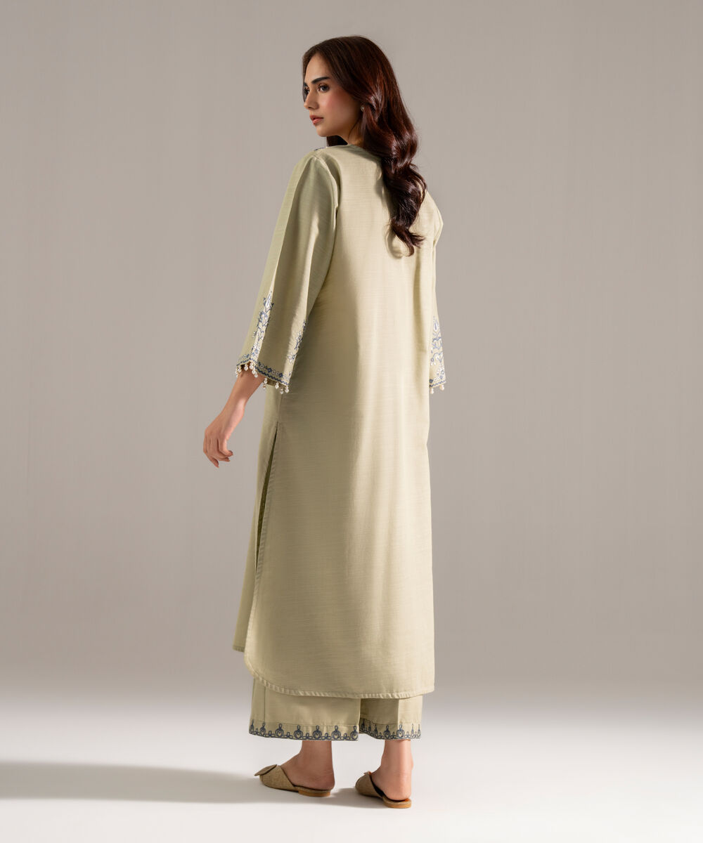 Women's RTW Khaddar Solid Embroidered Green A-Line Shirt