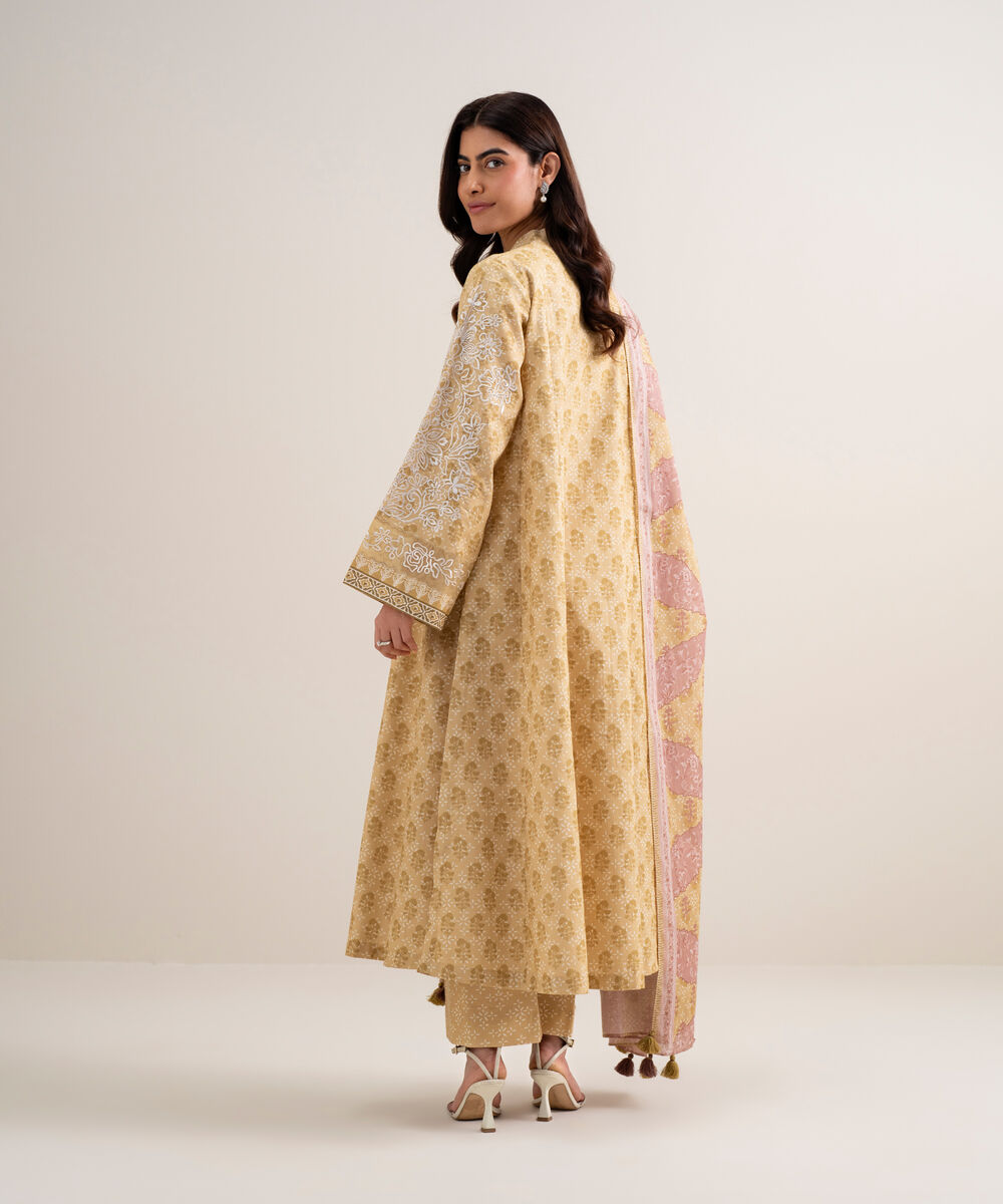Women's Unstitched Lawn Embroidered Light Mustard 3 Piece Suit