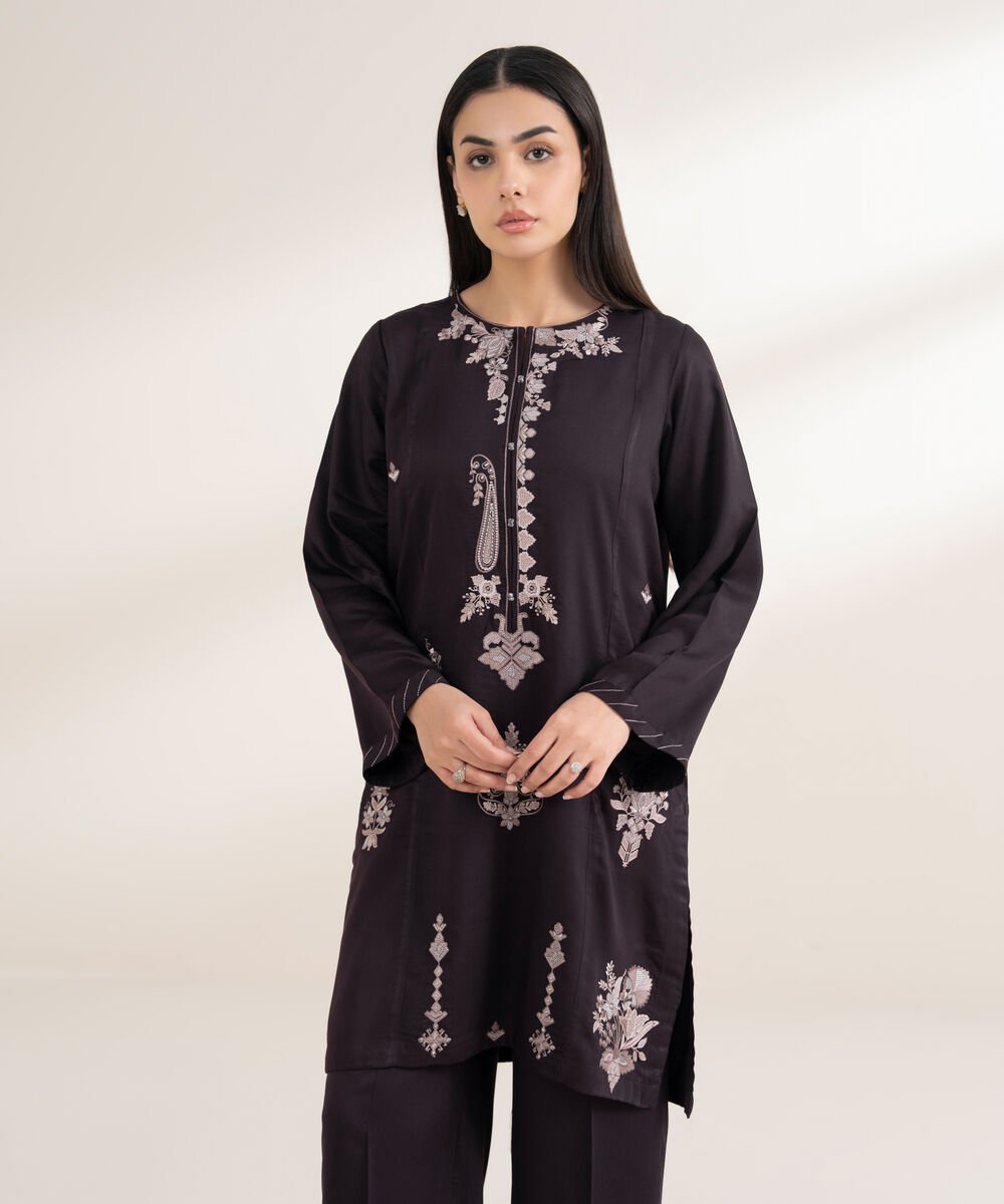 Women's RTW Bedford Embroidered Straight Purple Shirt